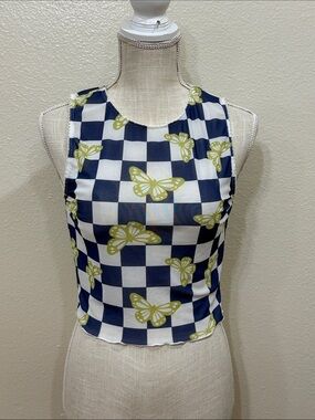 Forever 21 Blue Green Checkered Butterfly Mesh Crop Top Y2K Style Size Medium
